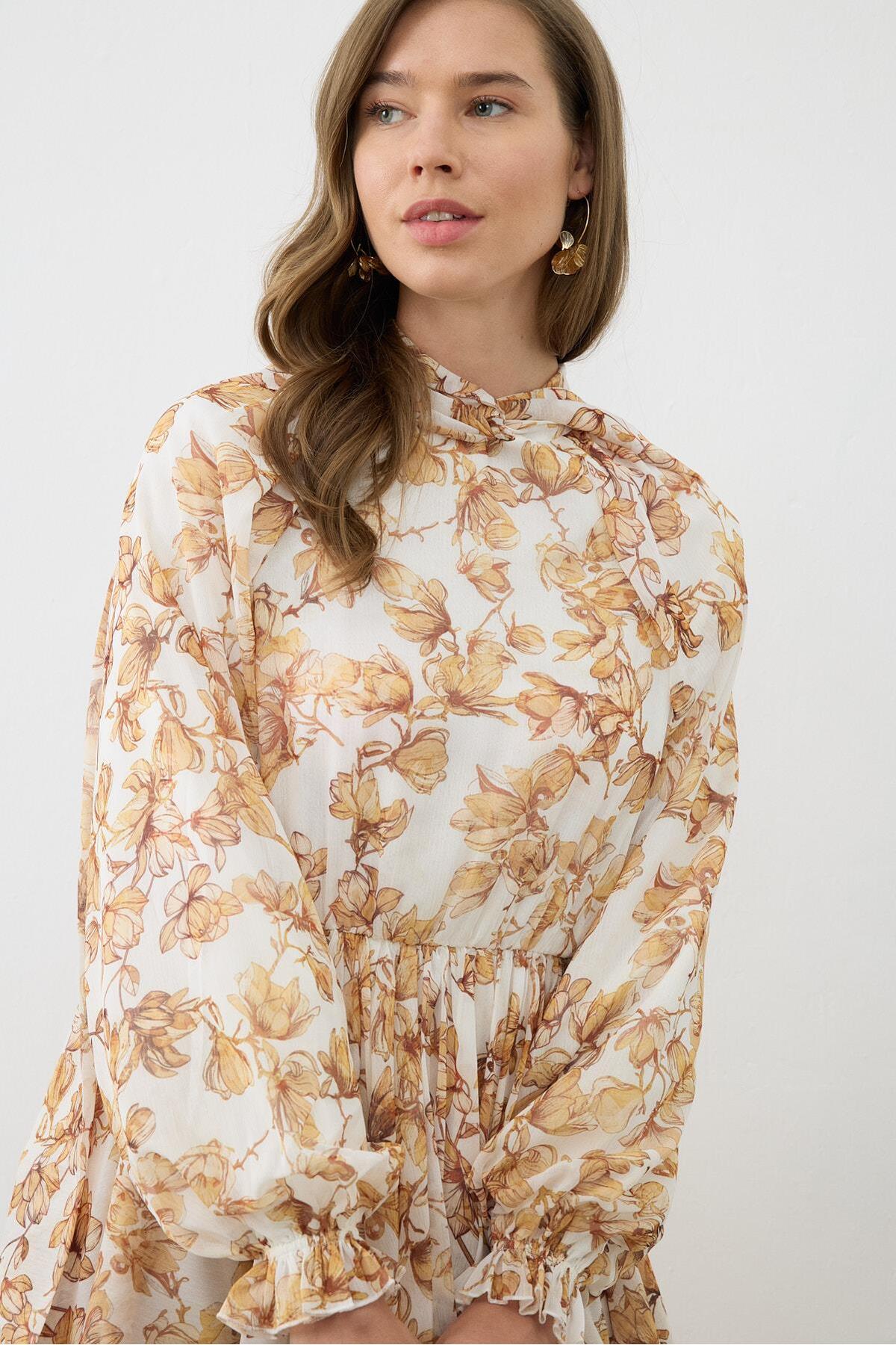Sucre Desenli Şifon Kat Kat Elbise Terzi Dükkani