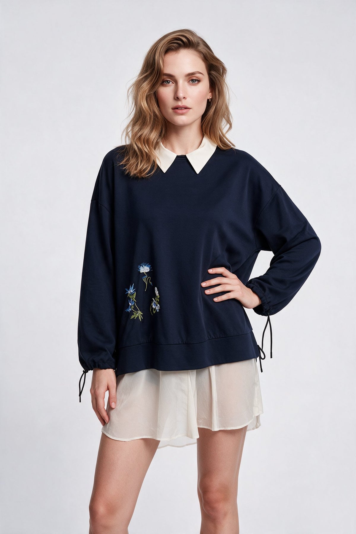 Scl Kadın Nakış İşlemeli Gömlek Yaka Detaylı Rahat Kesim Sweatshirt Etek Takım 10002612711005 Ana görsel