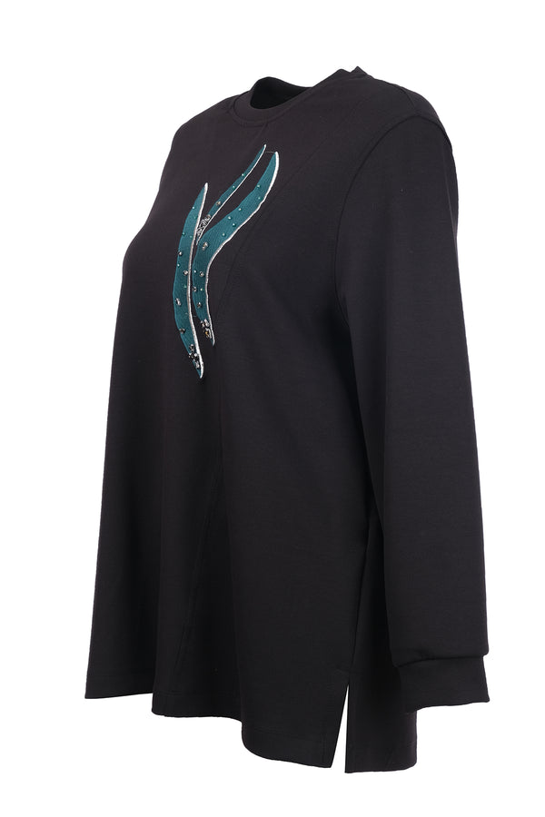büyük beden desenli taş i̇şlemeli sweatshirt Gala-Xi
