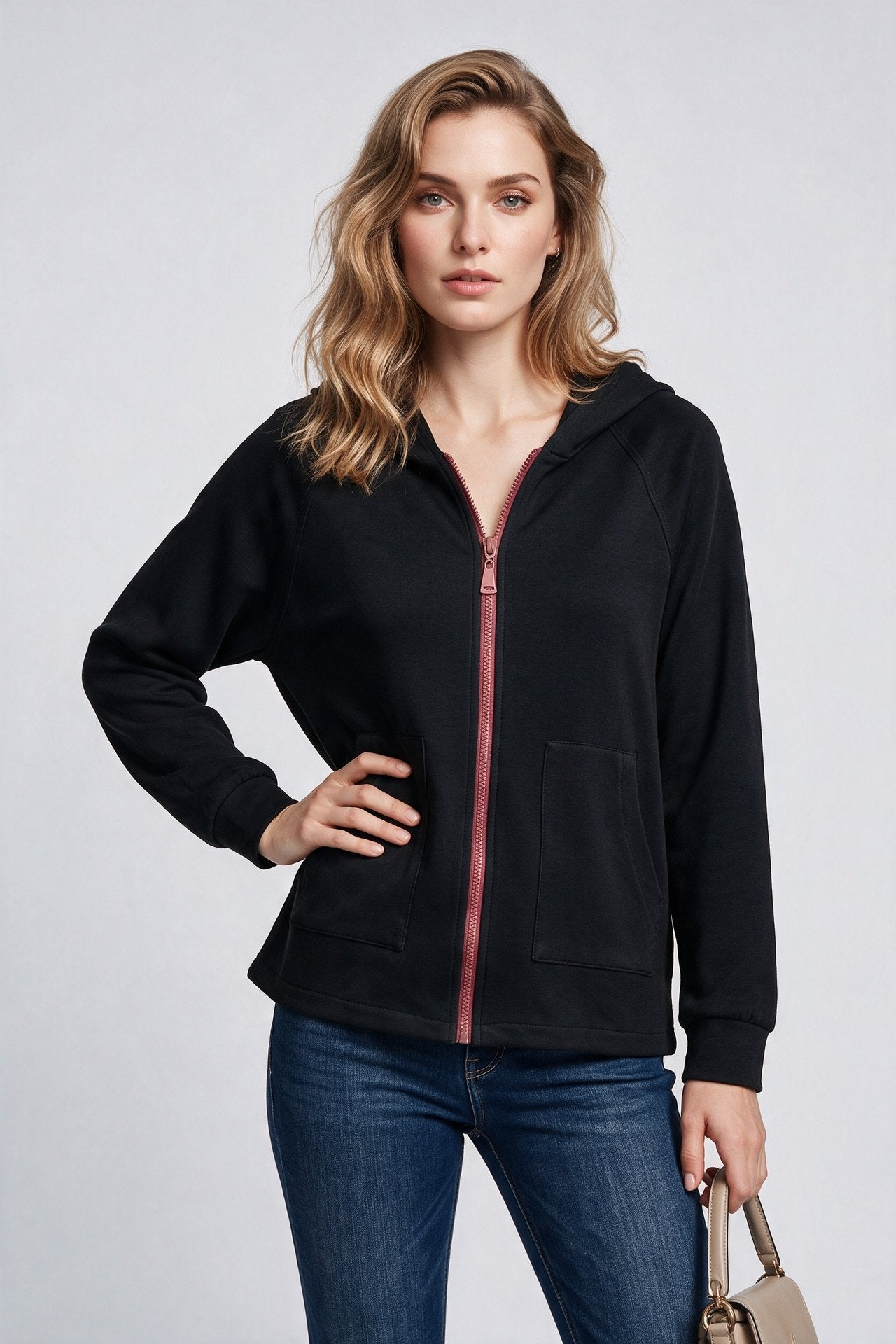 On Kadın Kapüşonlu Tam Fermuarlı Reglan Kol Cepli Sweatshirt İkincil görsel