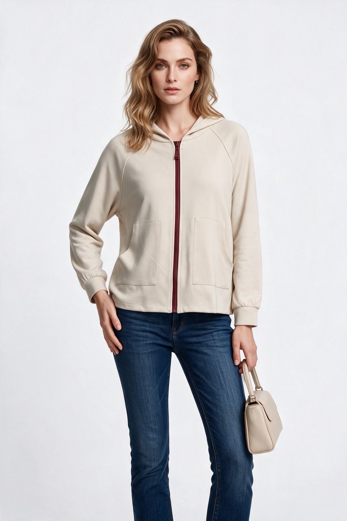 On Kadın Kapüşonlu Tam Fermuarlı Reglan Kol Cepli Sweatshirt Ana görsel