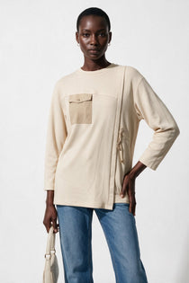 Scl Kadın Bisiklet Yaka Cepli Asimetrik Tasarım Uzun Kollu Sweatshirt