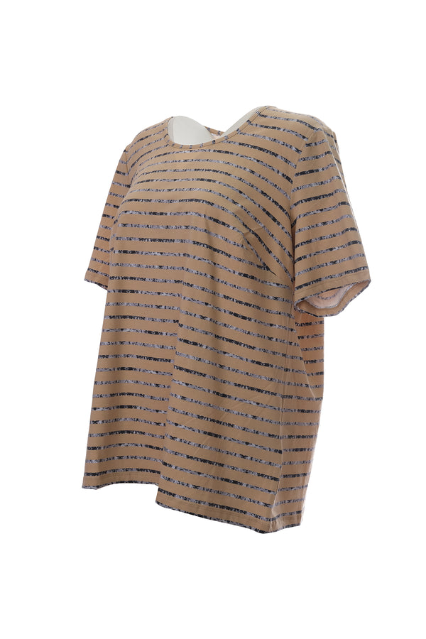 Canel Oversize Çizgili Minimalist Kadın T-Shirt - Kısa Kol Midi Günlük