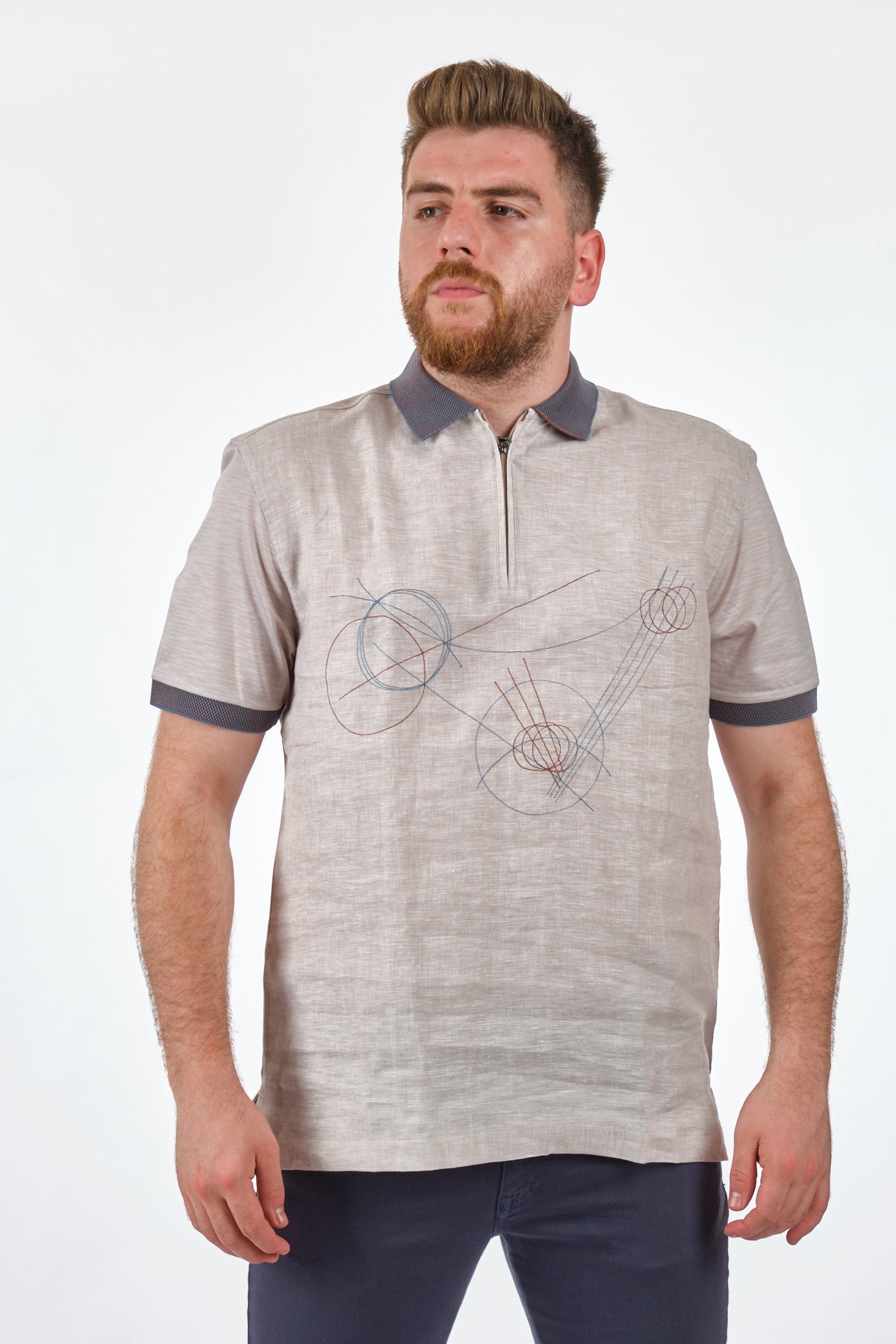 Gallus Minimalist Keten Erkek T-Shirt - Kısa Kol Yarım Fermuar Translation missing: tr.content.product_image_main