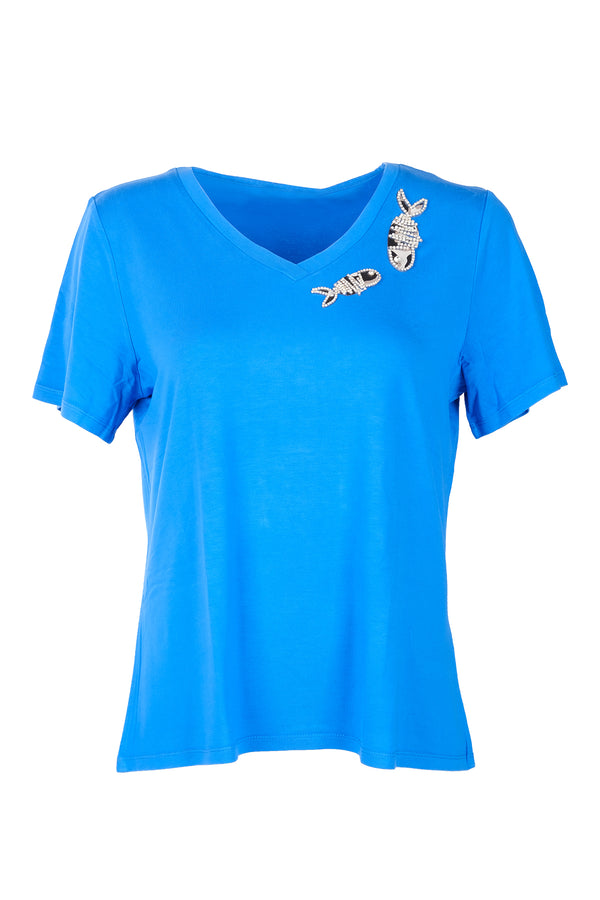 Vedi-Büyük Beden V Yak Taş Detaylı Kadın T-Shirt 25YXD5098