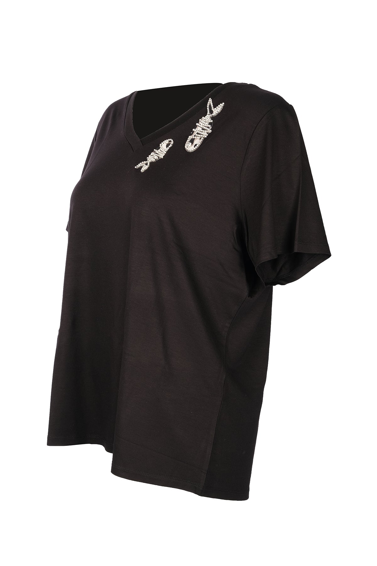 Vedi-Büyük Beden V Yak Taş Detaylı Kadın T-Shirt 25YXD5098