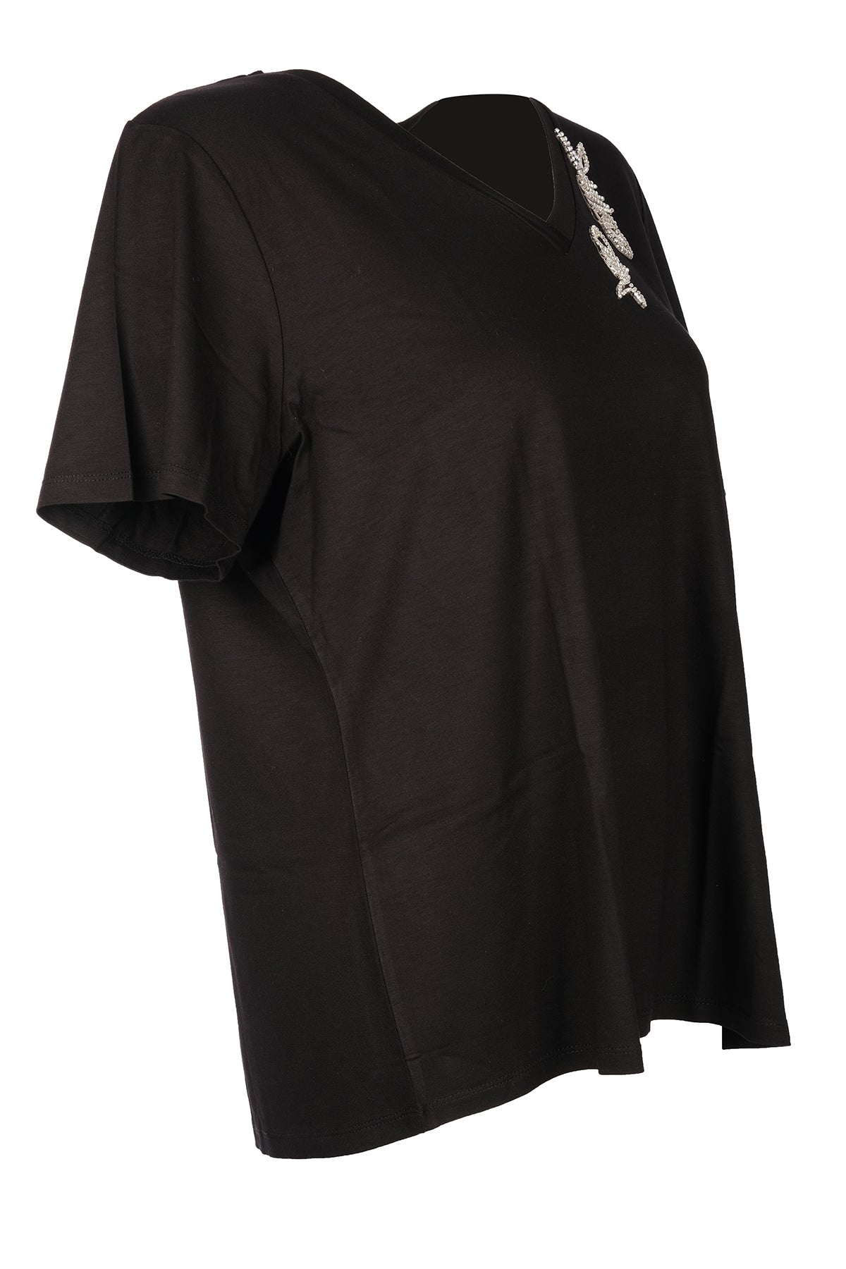 Vedi-Büyük Beden V Yak Taş Detaylı Kadın T-Shirt 25YXD5098
