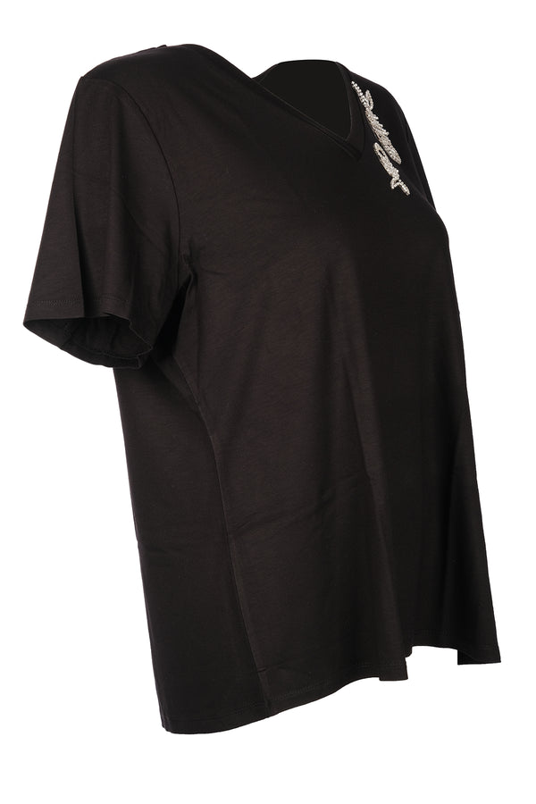 Vedi-Büyük Beden V Yak Taş Detaylı Kadın T-Shirt 25YXD5098