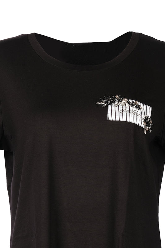 Vedi Büyük Beden Yuvarlak Yaka Taş Detaylı Kadın T-Shirt 25YXD5099