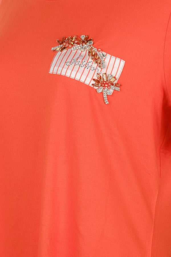 Vedi Büyük Beden Yuvarlak Yaka Taş Detaylı Kadın T-Shirt 25YXD5099