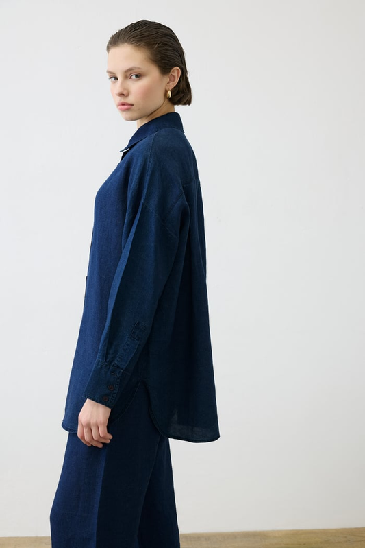 Denim Efektli %100 Keten Pantolonlu Takım Terzi Dükkani