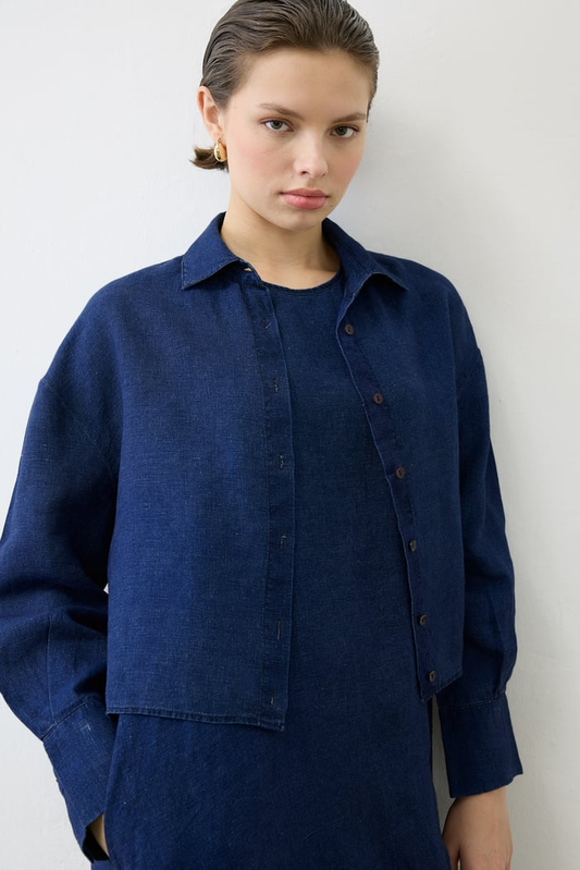 Denim Efektli Keten Kolsuz Elbise Gömlek Takım Terzi Dükkani