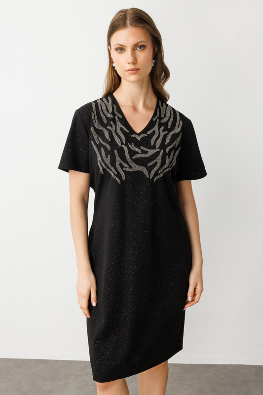 Taş İşlemeli Simli Kumaş Elbise Ekol