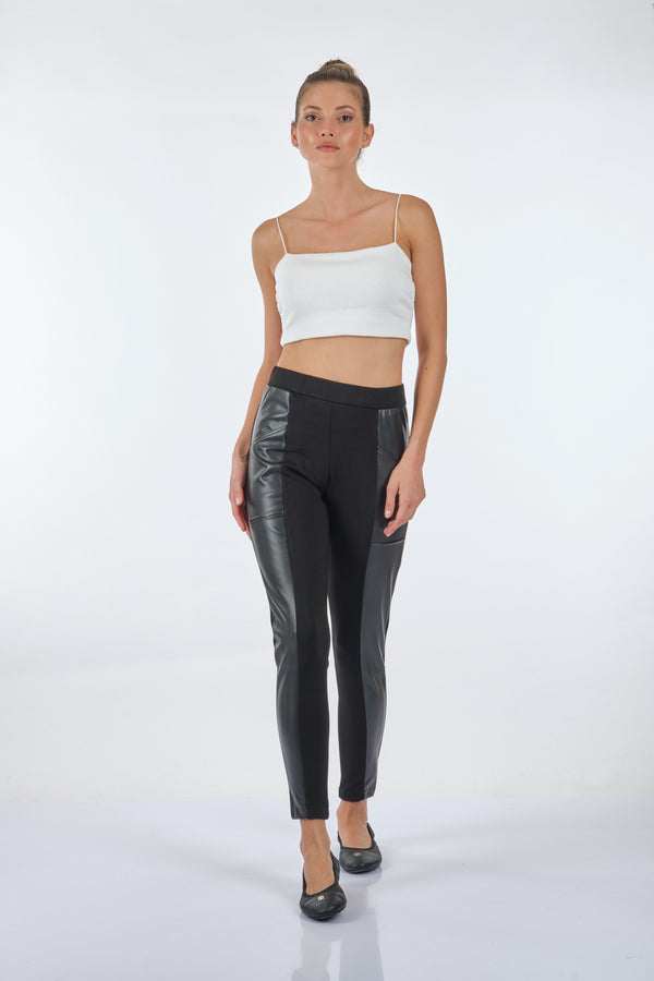 Vedi Minimalist Deri Detaylı Slim Fit Kadın Tayt - Günlük Stil