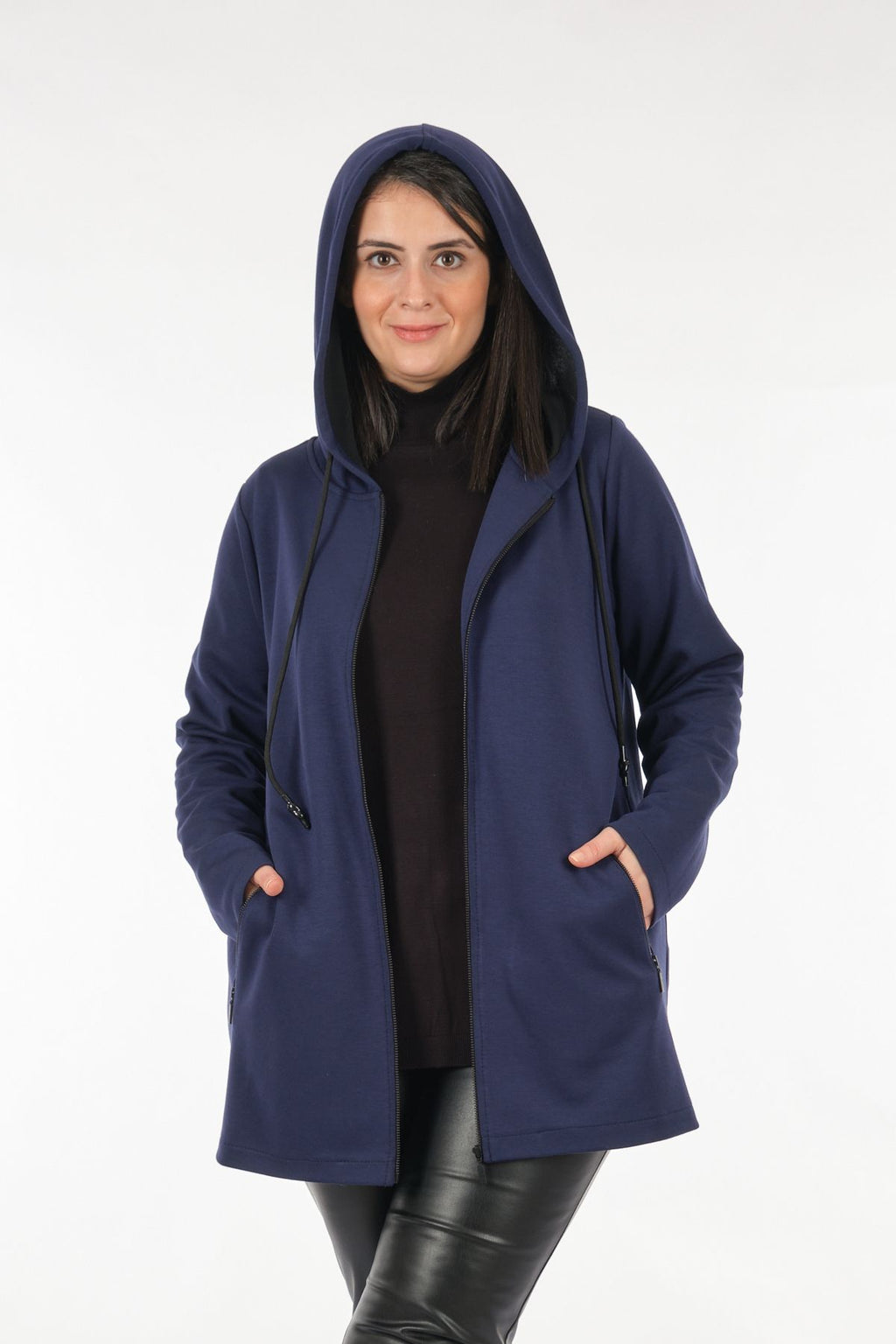 Tolga Saraçoğlu Oversize Kapüşonlu Fermuarlı Midi Kadın Ceket - Günlük & Şık