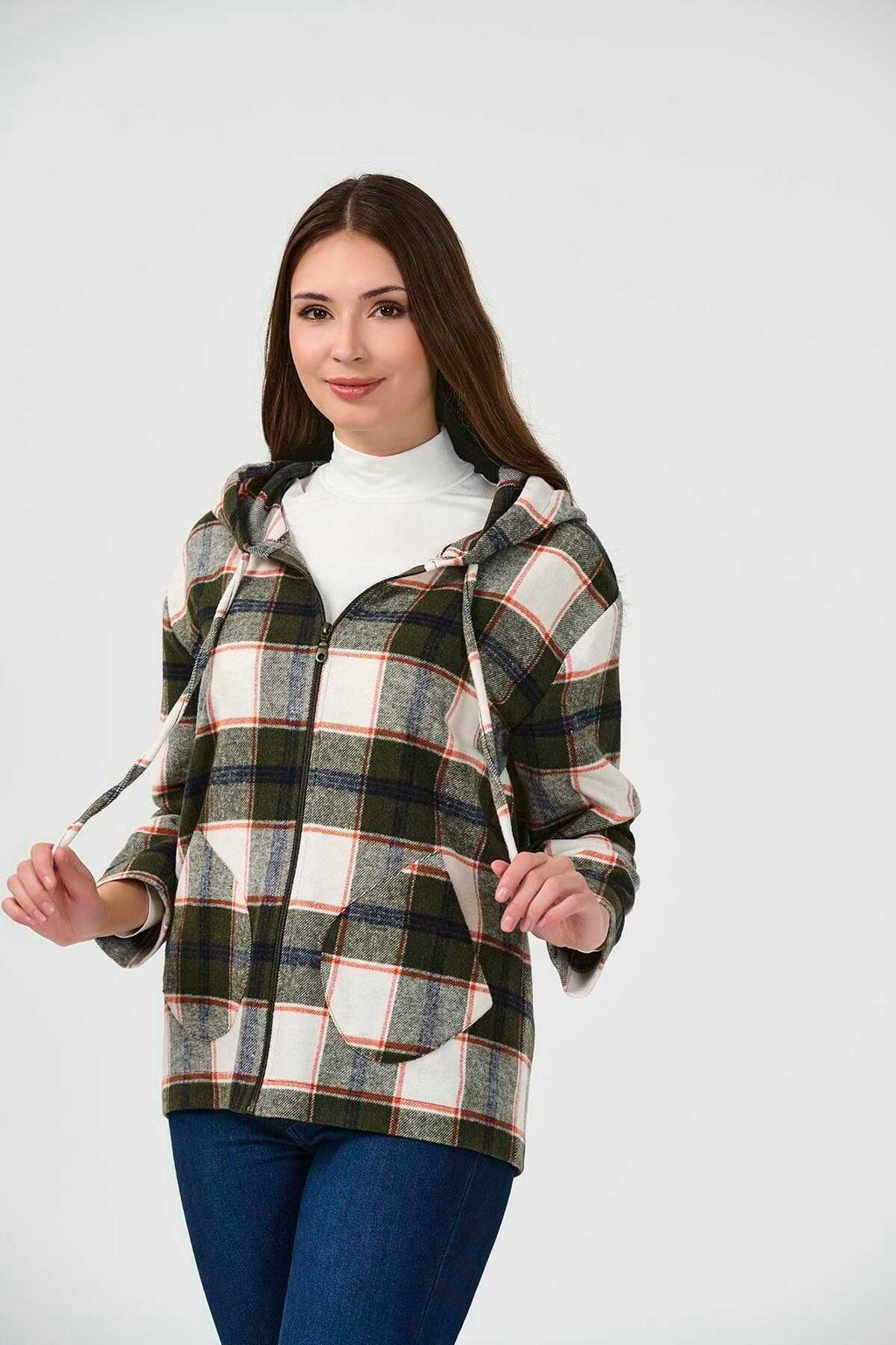 Tolga Saraçoğlu Oversize Kapüşonlu Kareli Kadın Ceket - 3/4 Kol