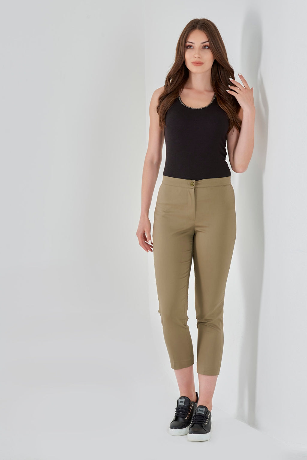Tolga Saraçoğlu Minimalist Crop Kadın Pantolon - Yüksek Bel, Günlük Stil