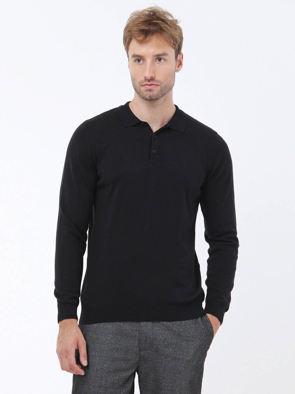 Kip Minimalist Erkek Triko - Polo Yaka Uzun Kol - Günlük Şıklık