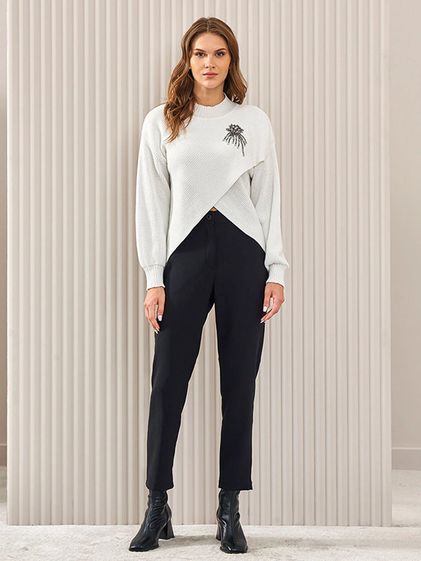 Unique Mode Minimalist Taş Detaylı Crop Kazak