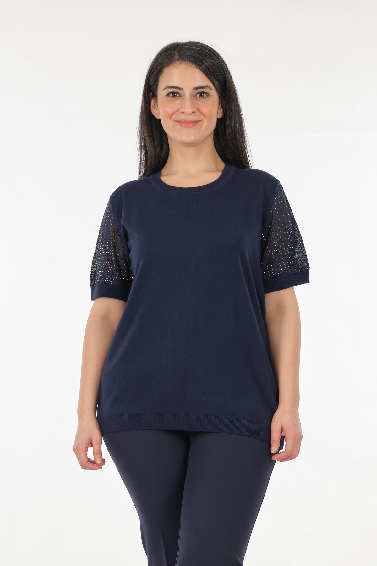 Vedi-bb Oversize Kısa Kol Taş Detaylı Minimalist Kadın Triko