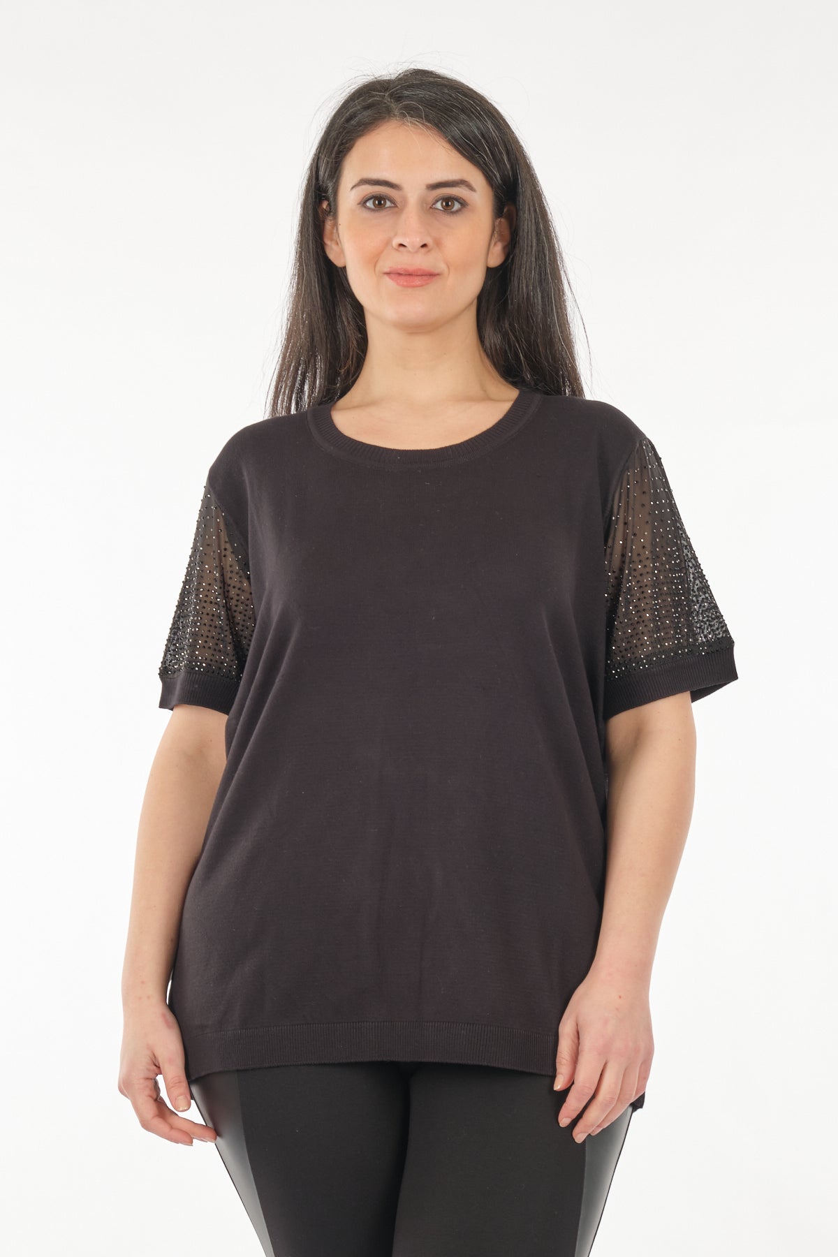 Vedi-bb Oversize Kısa Kol Taş Detaylı Minimalist Kadın Triko Translation missing: tr.content.product_image_secondary