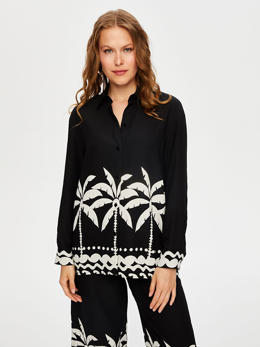 Kadın Resort Eteği Palmiye Desenli Monochrome Tunik Faik Sönmez