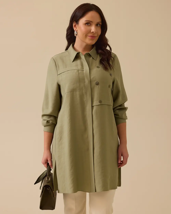 Gala-xi Minimalist Uzun Kol Midi Tunik - Gömlek Yaka Günlük