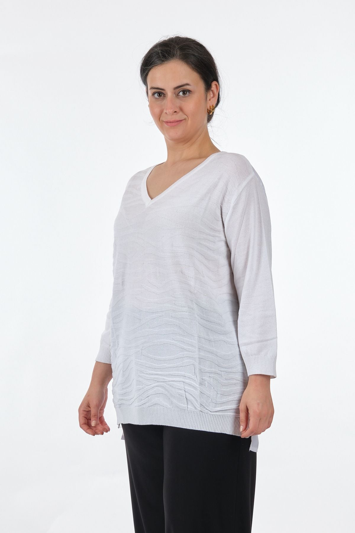 Twomail V Yaka Oversize Minimalist Kadın Bluz - 3/4 Kol - Günlük