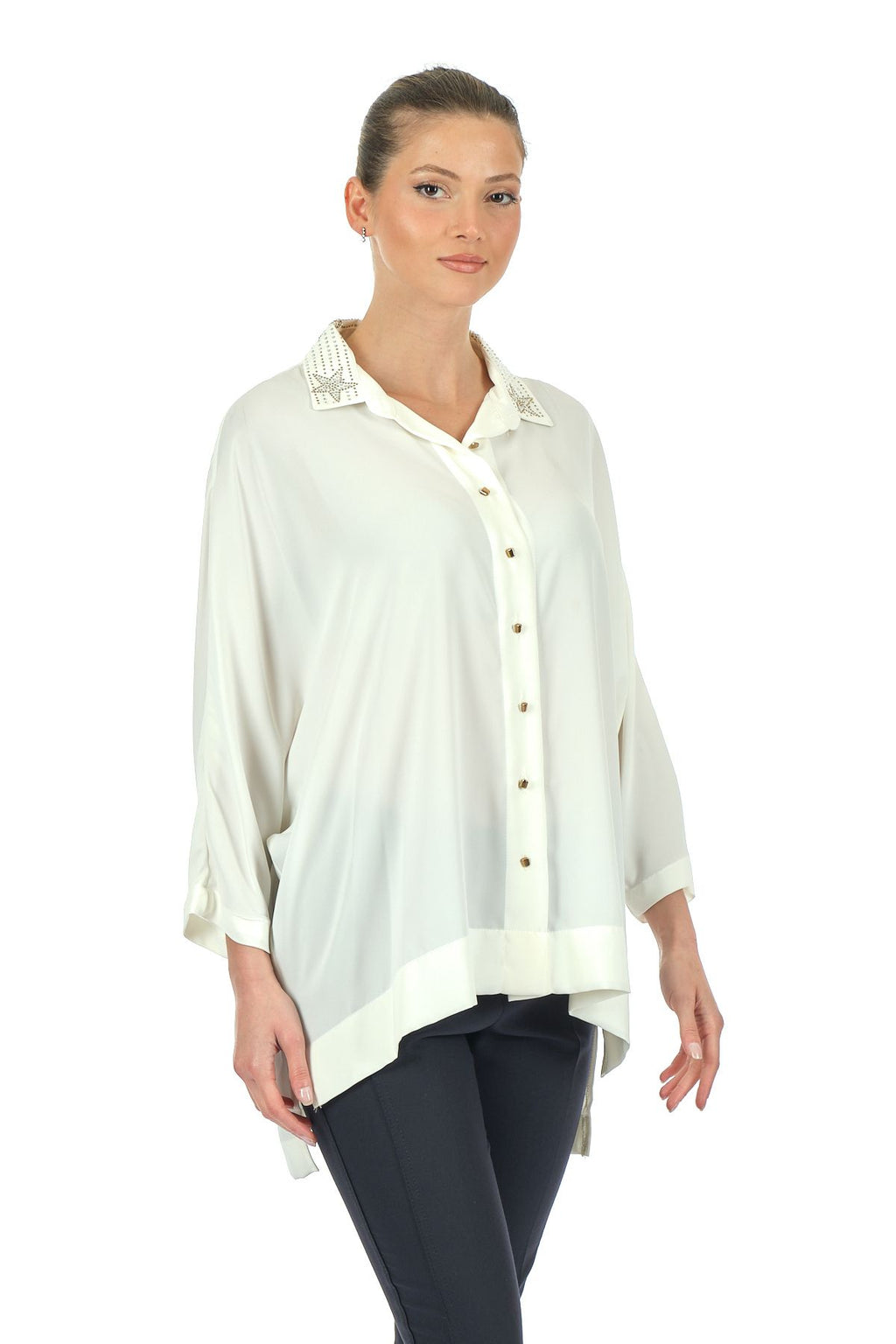 Twomail Oversize Minimalist 3/4 Kol Şifon Gömlek - Günlük Kullanım