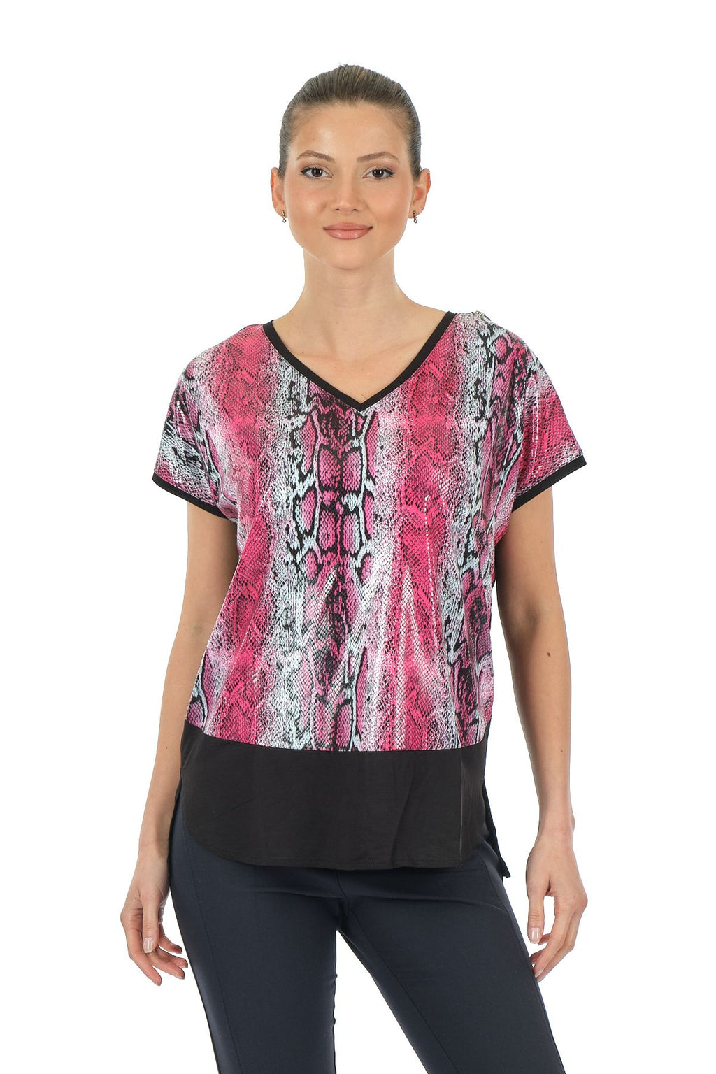 Twomail Oversize V Yaka Yılan Desenli Kadın T-Shirt - Kısa Kol