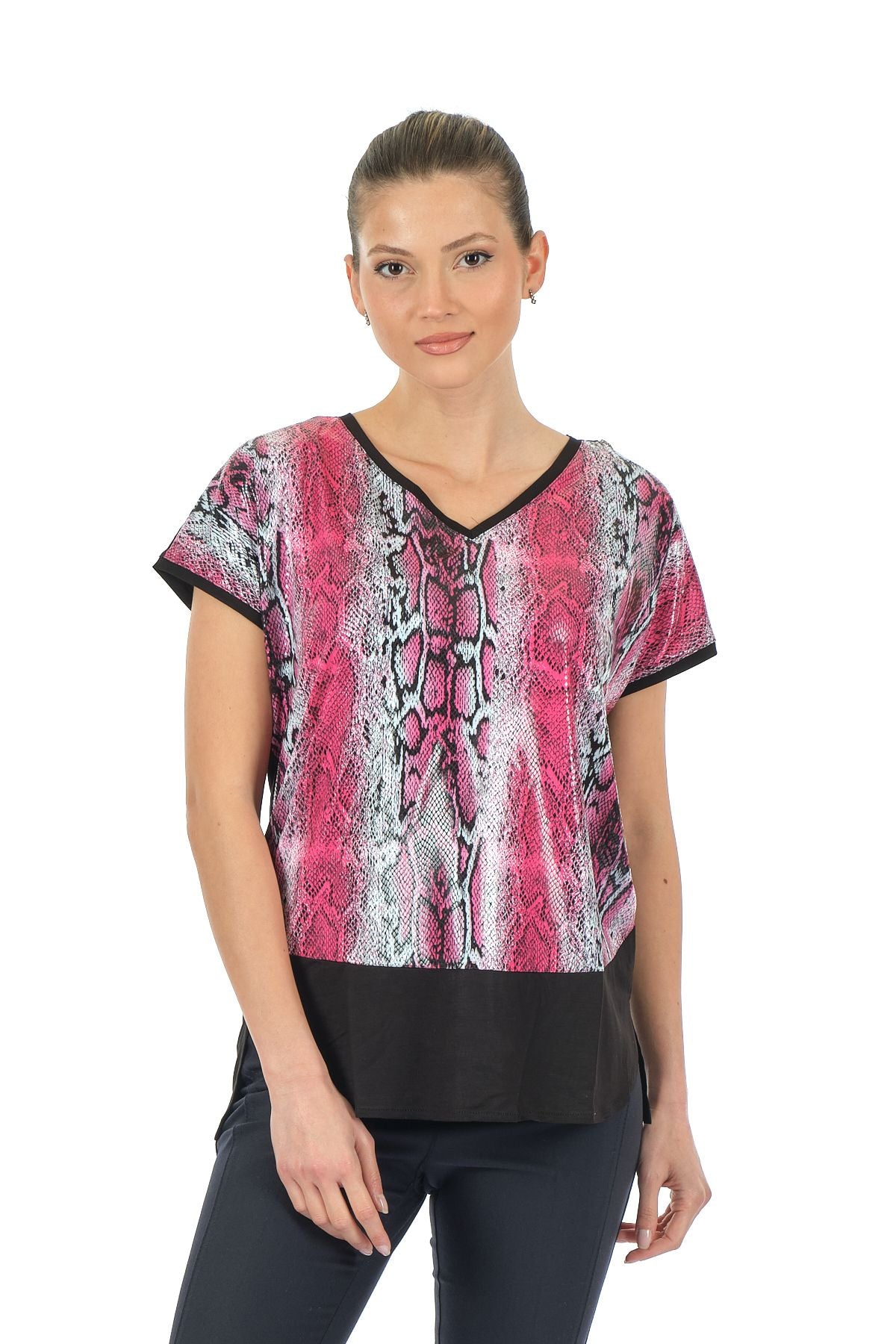 Twomail Oversize V Yaka Yılan Desenli Kadın T-Shirt - Kısa Kol