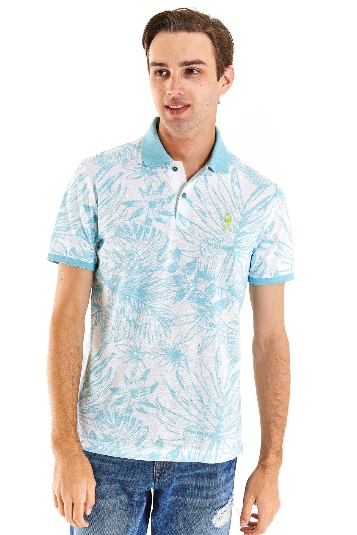 U.S. Polo Assn. Erkek Kısa Kol Polo Yaka Minimalist Tropikal Desen Tişört Translation missing: tr.content.product_image_main