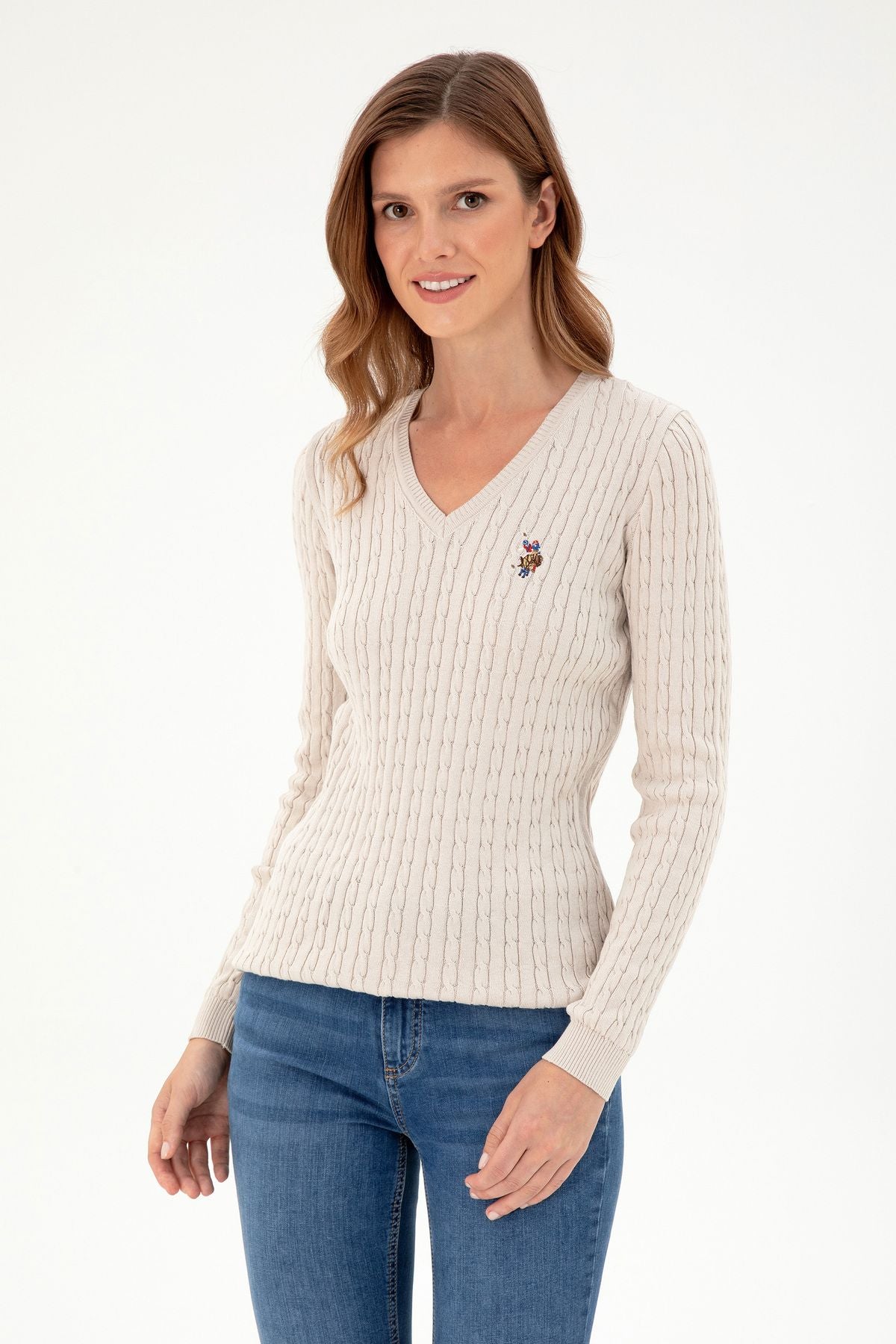 U.S. Polo Assn. Kadın V Yaka Uzun Kol Minimalist Kazak - Günlük Şıklık Translation missing: tr.content.product_image_main