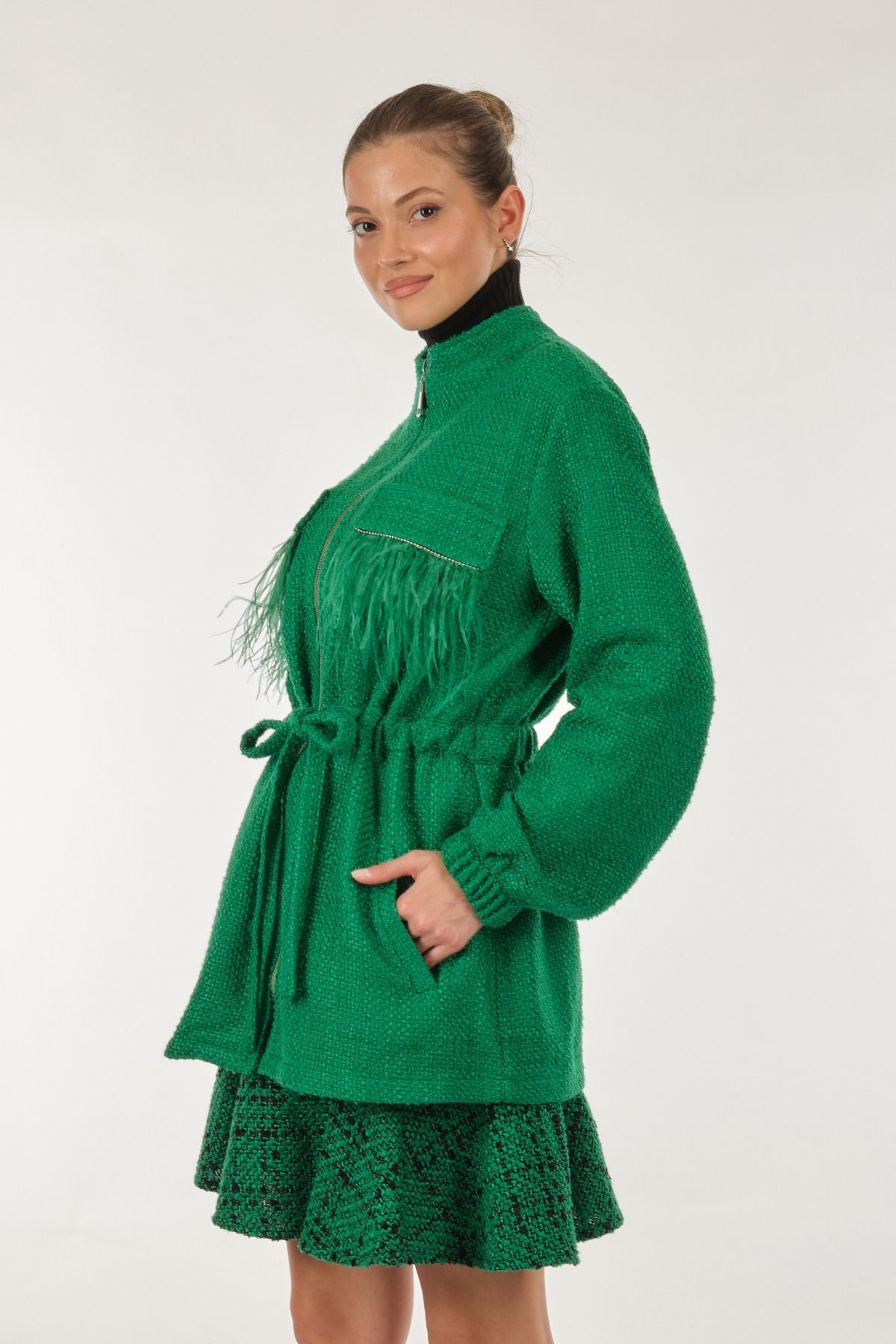 Unique Mode Oversize Tüy Detaylı Midi Kadın Ceket - Vintage Stil