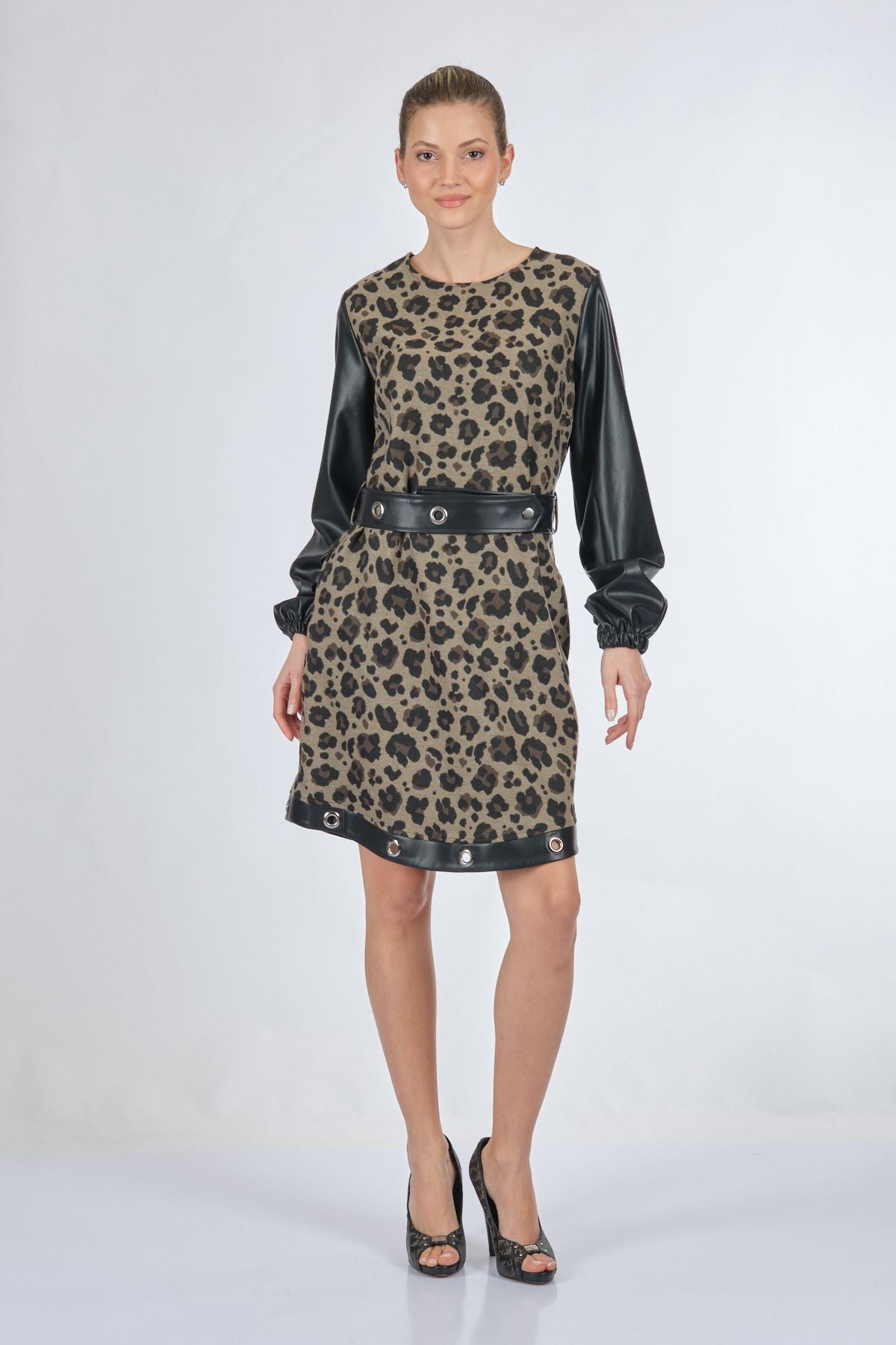 Unique Mode Leopar Desenli Midi Elbise - Deri Detaylı Uzun Kol Translation missing: tr.content.product_image_main