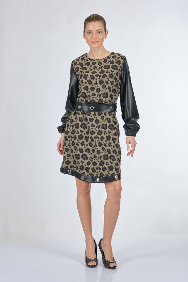 Unique Mode Leopar Desenli Midi Elbise - Deri Detaylı Uzun Kol