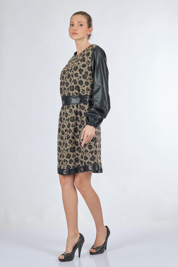 Unique Mode Leopar Desenli Midi Elbise - Deri Detaylı Uzun Kol