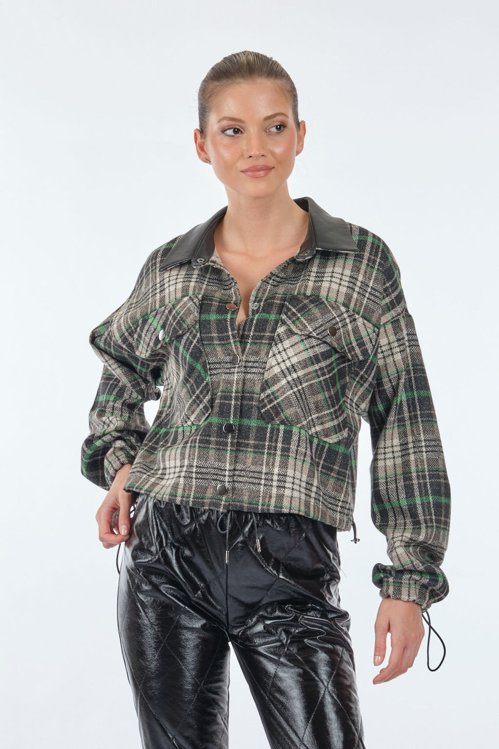 Unique Mode Oversize Crop Ekose Gömlek - Deri Detaylı - Minimalist