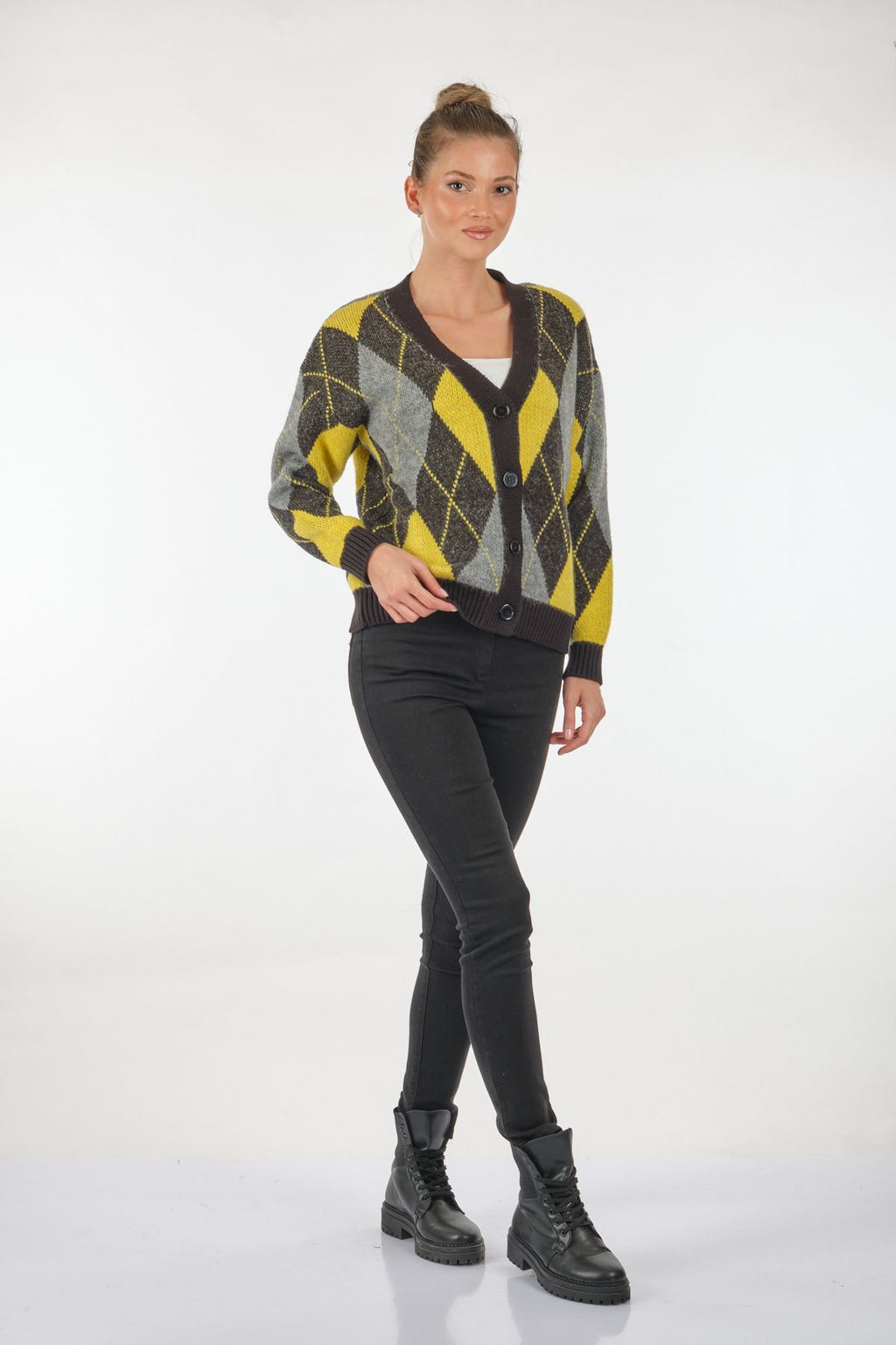 Unique Mode V Yaka Oversize Geometrik Desenli Kadın Hırka
