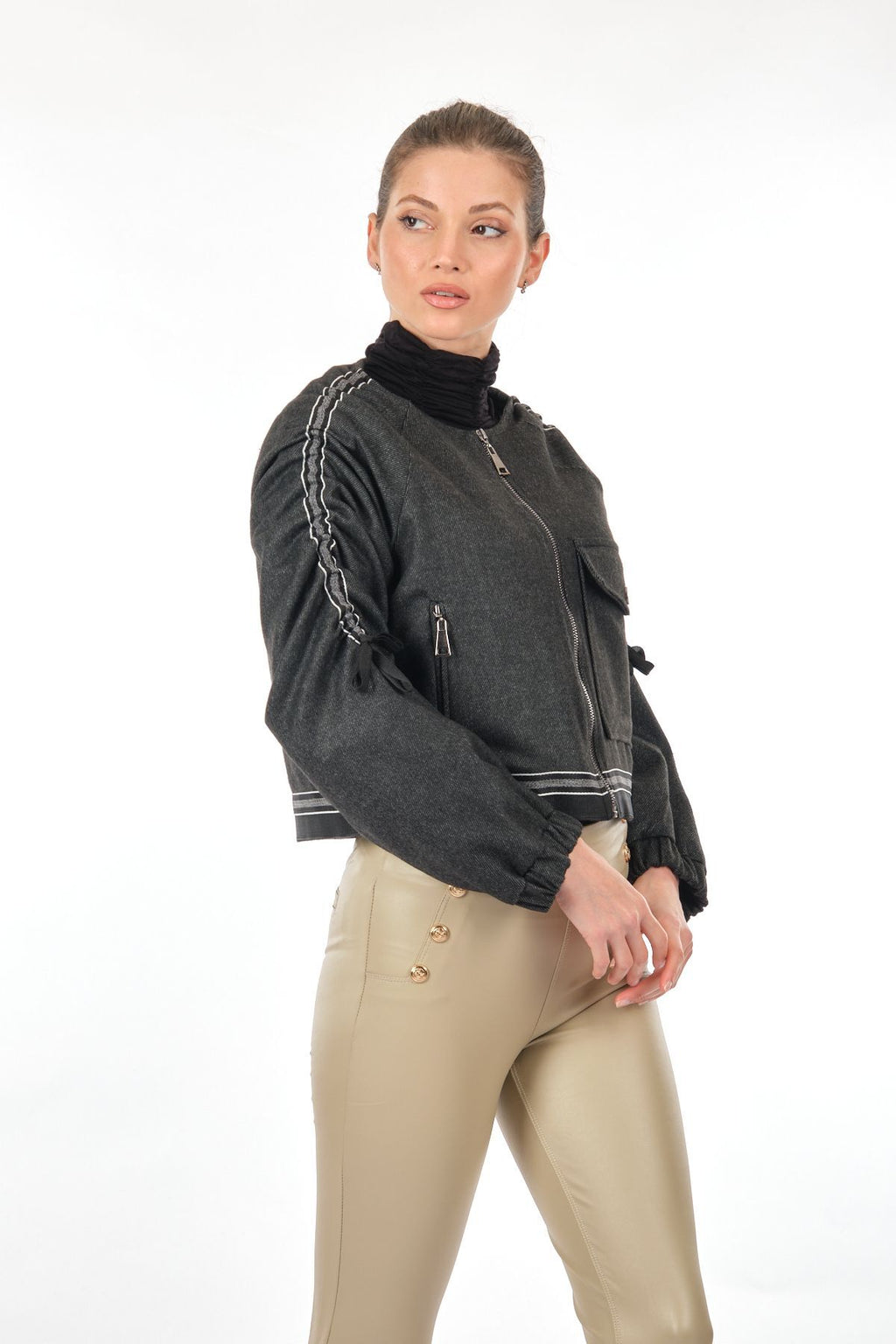 Unique Mode Minimalist Crop Ceket - Büzgülü Kollu - Oversize