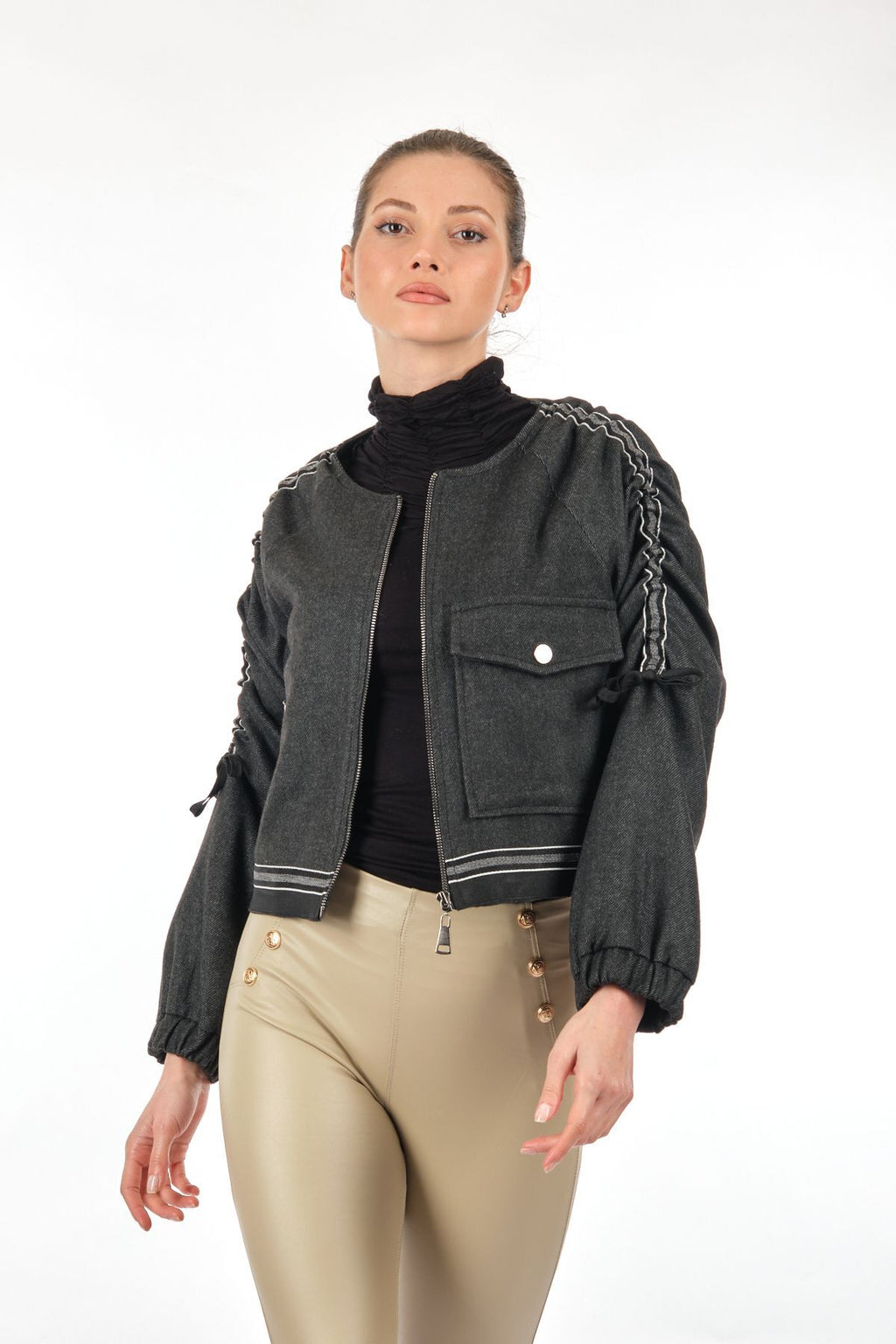 Unique Mode Minimalist Crop Ceket - Büzgülü Kollu - Oversize