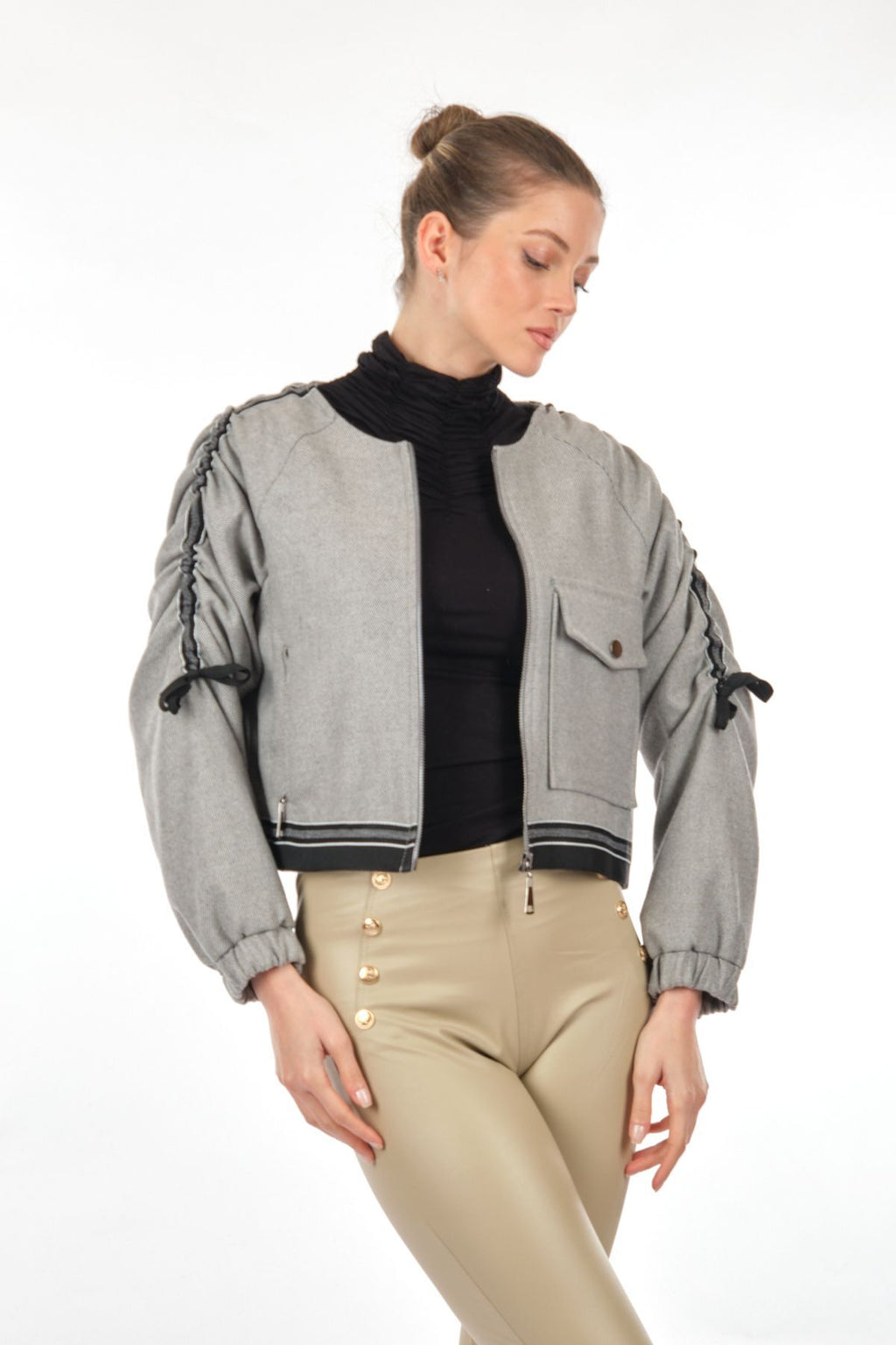 Unique Mode Minimalist Crop Ceket - Büzgülü Kollu - Oversize