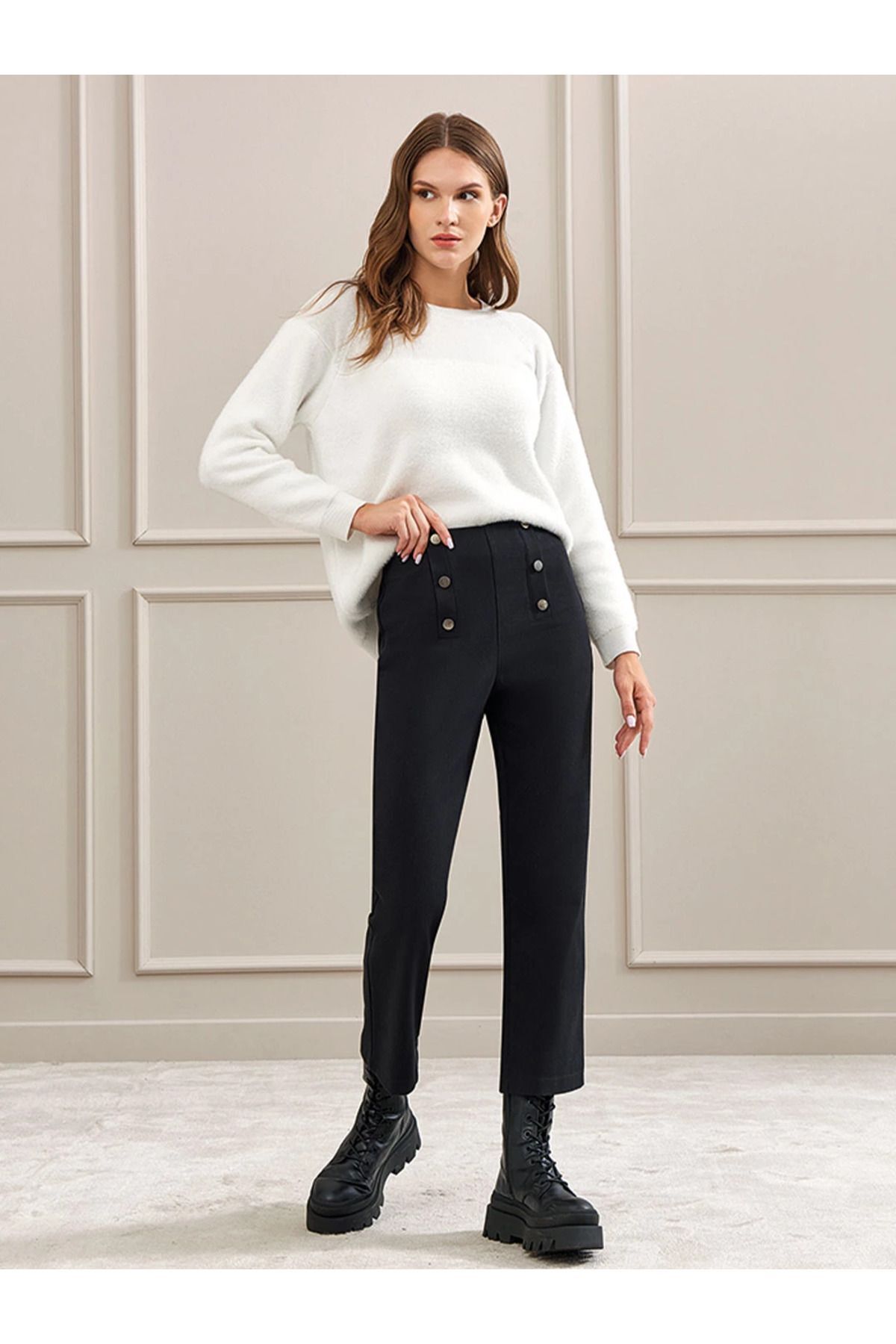 Unique Mode Minimalist Yüksek Bel Midi Pantolon - Düğme Detay Ana görsel