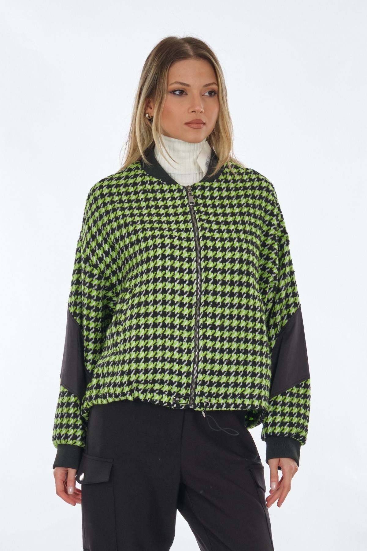 Unique Mode Oversize Houndstooth Desenli Fermuarlı Kadın Ceket - Günlük Şıklık Translation missing: tr.content.product_image_secondary
