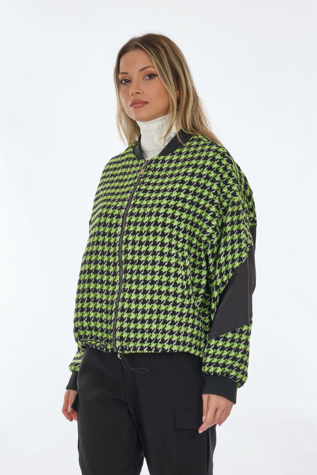 Unique Mode Oversize Houndstooth Desenli Fermuarlı Kadın Ceket - Günlük Şıklık