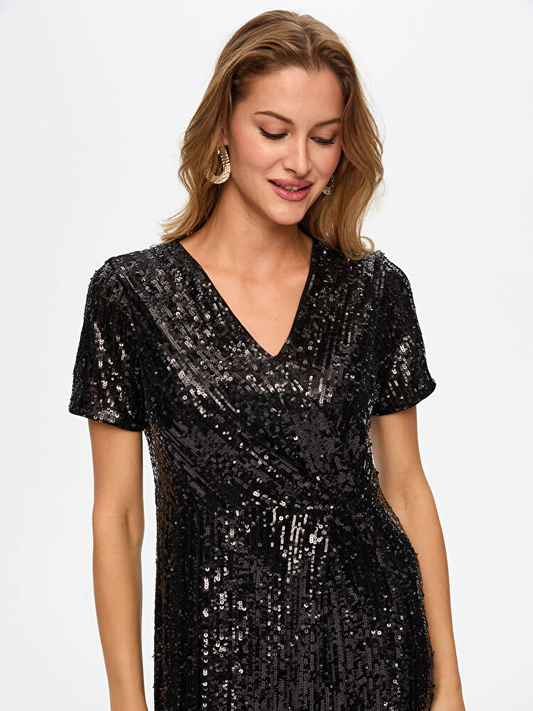 V Yaka Kısa Kol Payetli Abiye Elbise Faik Sönmez