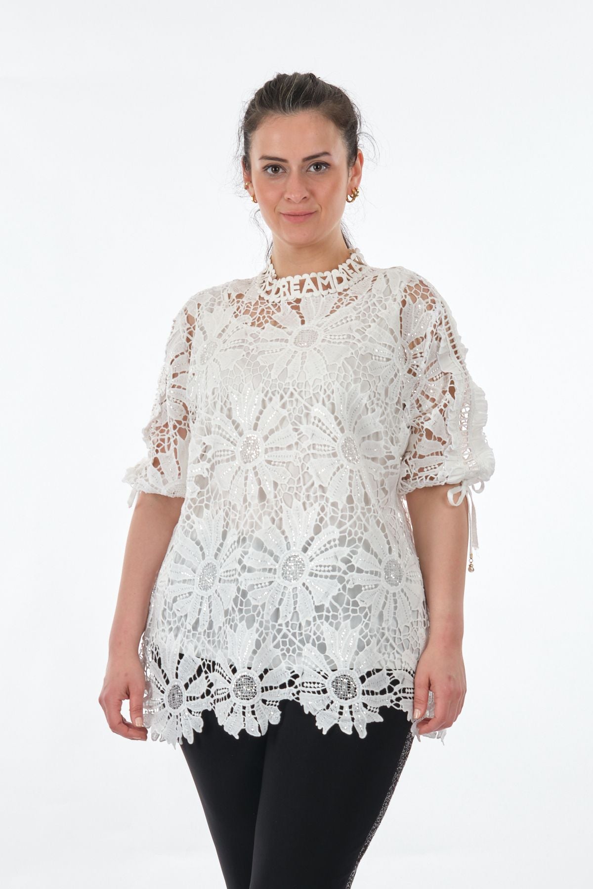 Vedi-bb Dantel Detaylı Oversize Midi Kadın Bluz - Günlük & Özel Gün