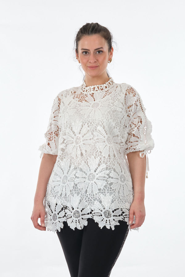 Vedi-bb Dantel Detaylı Oversize Midi Kadın Bluz - Günlük & Özel Gün