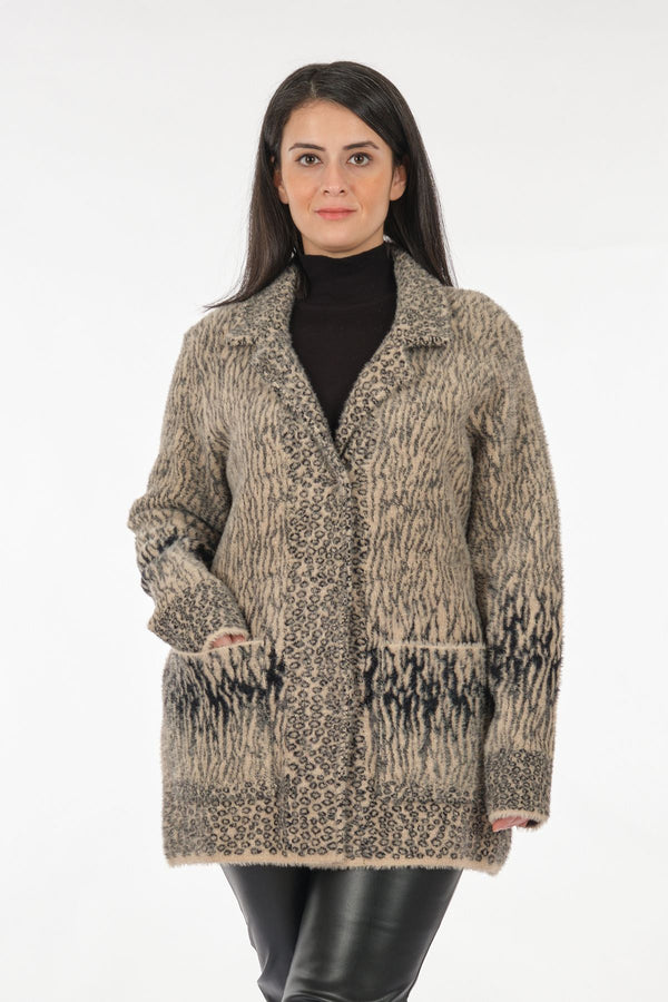 Vedi-bb Oversize Leopar Desenli Midi Kadın Ceket - Günlük Şıklık