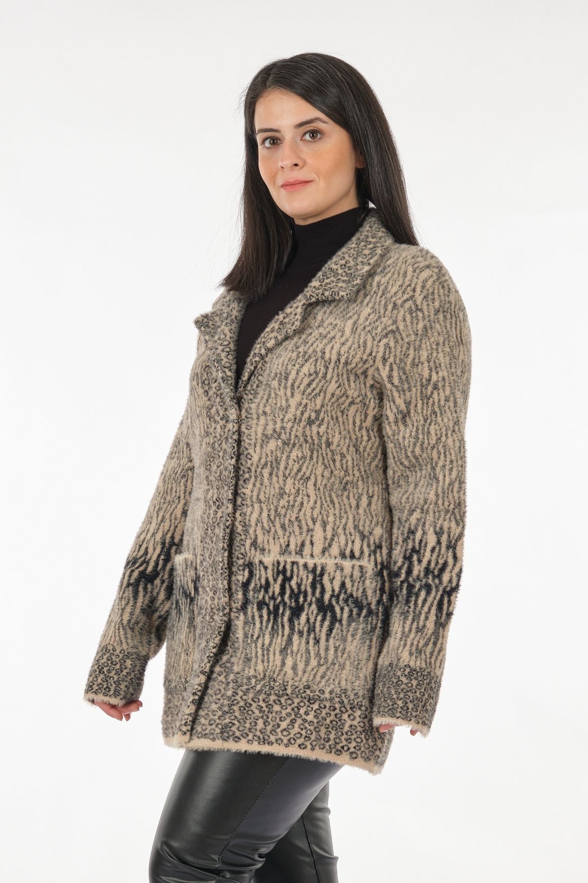 Vedi-bb Oversize Leopar Desenli Midi Kadın Ceket - Günlük Şıklık Translation missing: tr.content.product_image_secondary